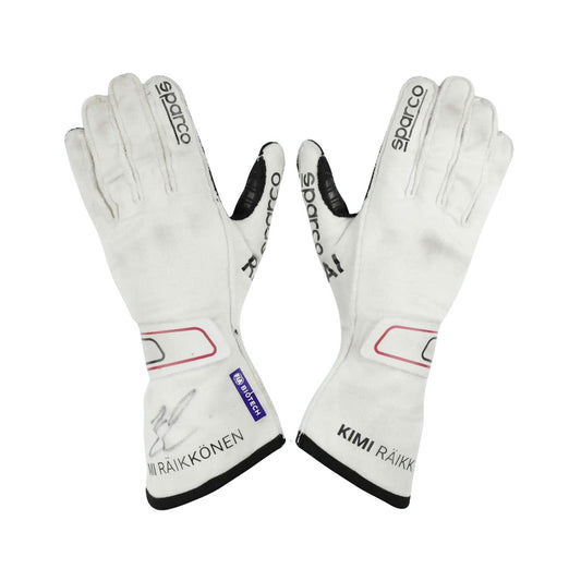 White Raikkonen 2021 Alfa Romeo F1 Race Gloves Replica laid flat, front view, showing the full racing design and replica stitching