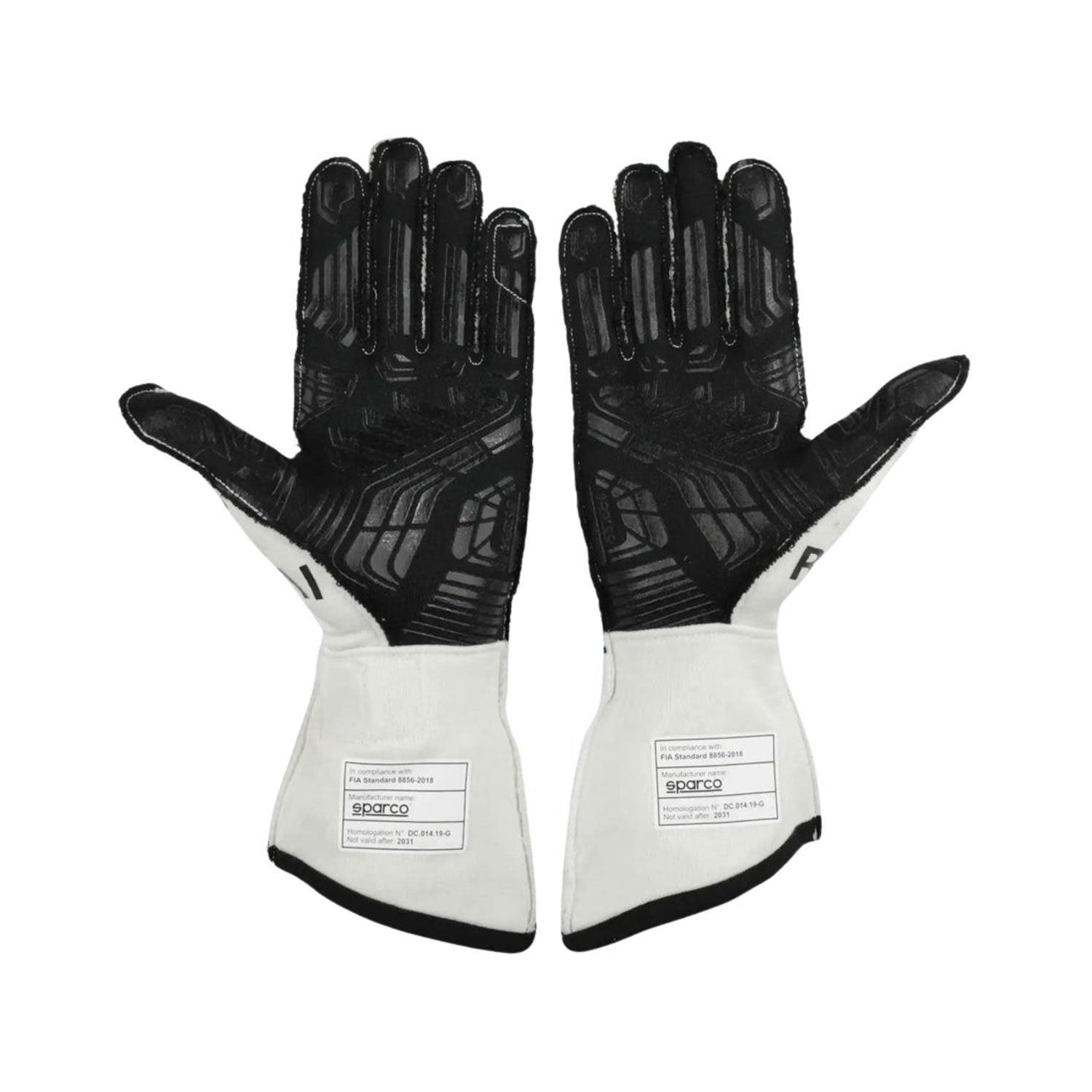 White Raikkonen 2021 Alfa Romeo F1 Race Gloves Replica shown side-on, highlighting the wrist strap and grip texture for grand prix use