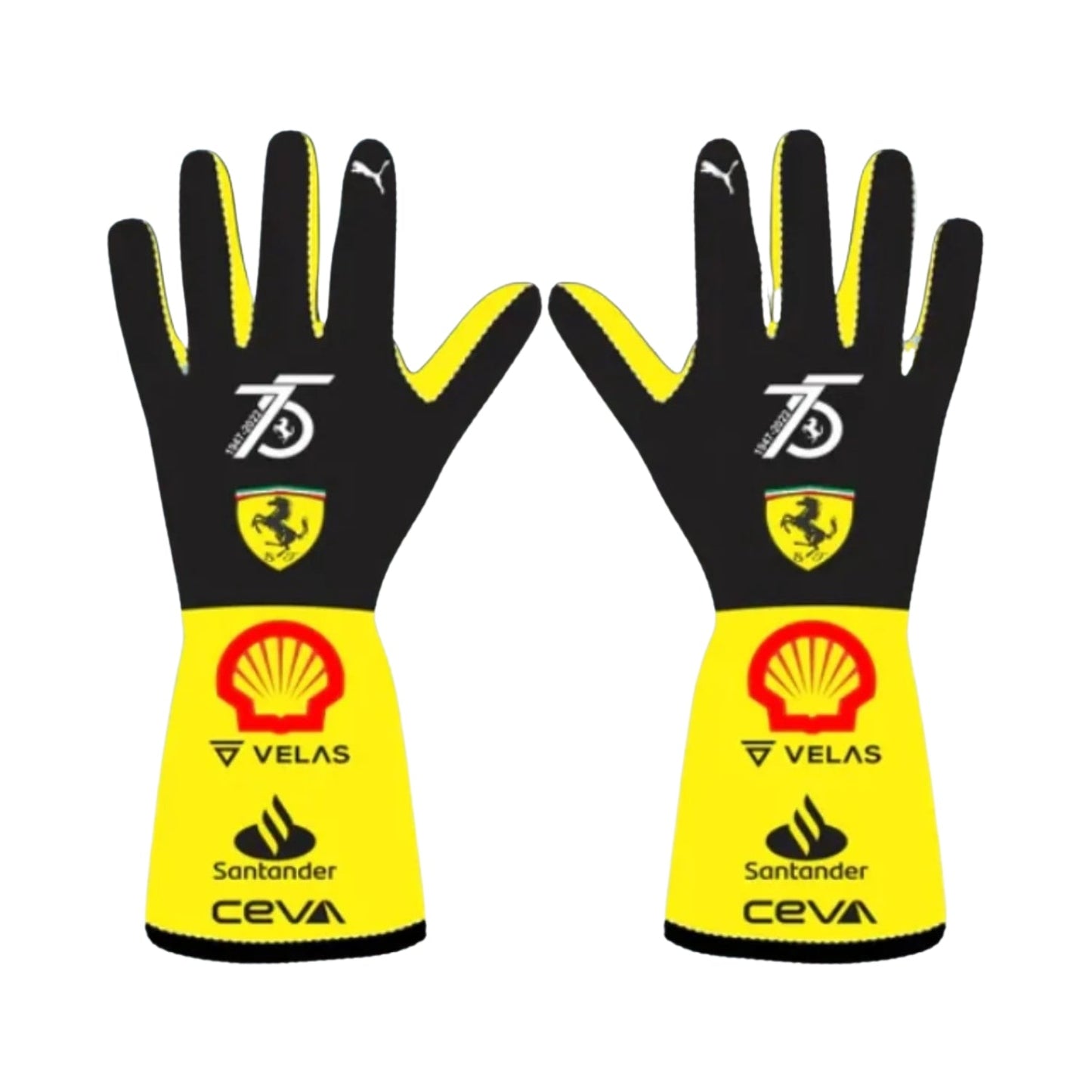 Black 2022 Ferrari 75th Race Gloves Replica F1 laid flat, front view, showing the full racing design and replica stitching