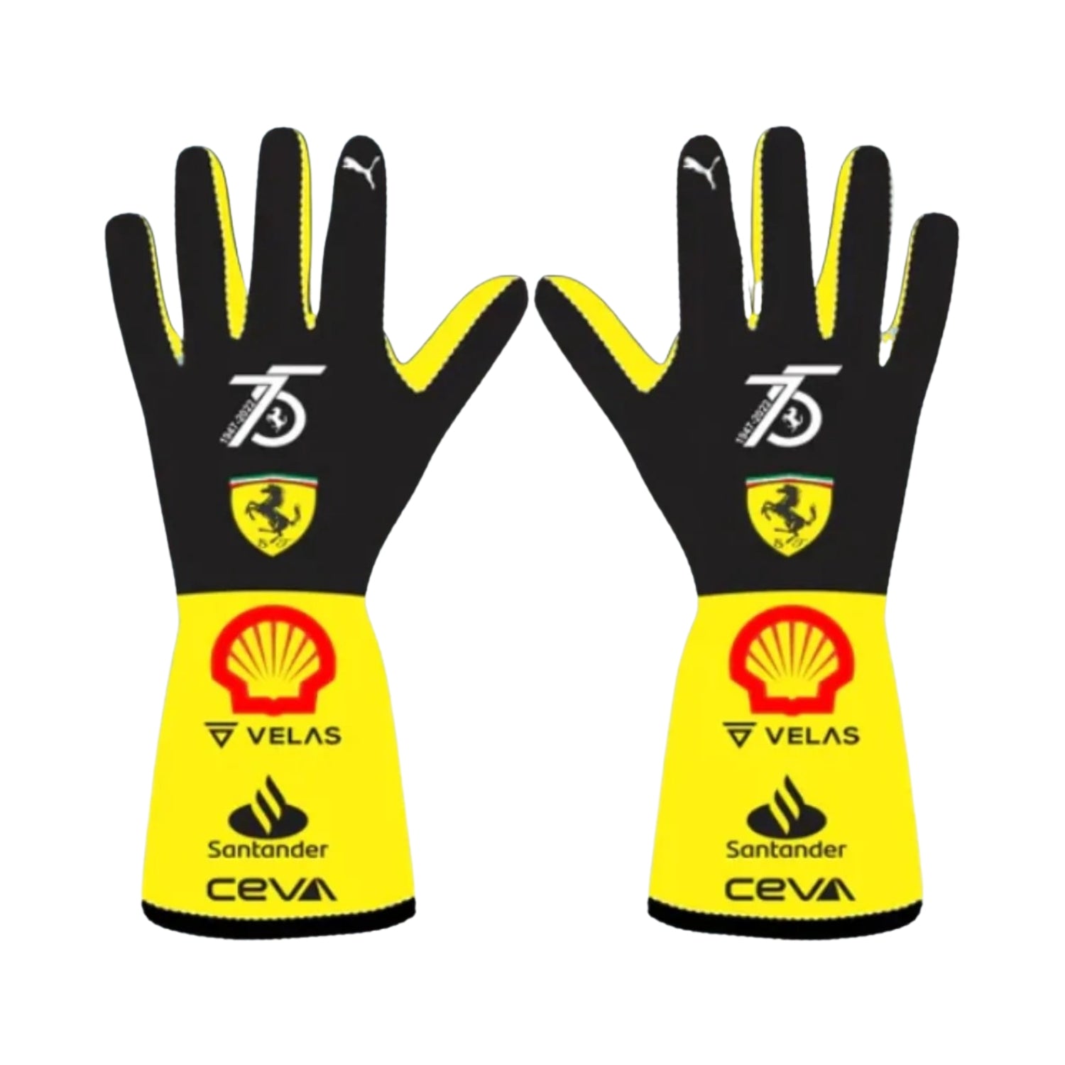 Black 2022 Ferrari 75th Race Gloves Replica F1 laid flat, front view, showing the full racing design and replica stitching
