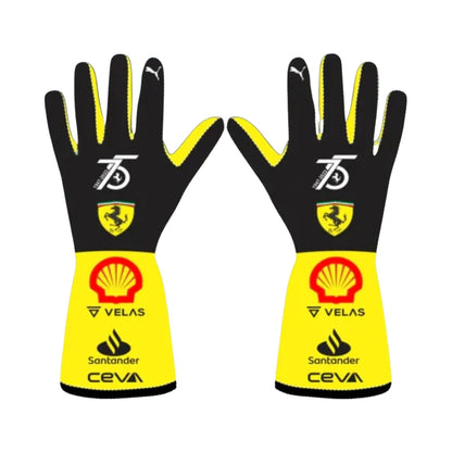 Black 2022 Ferrari 75th Race Gloves Replica F1 laid flat, front view, showing the full racing design and replica stitching