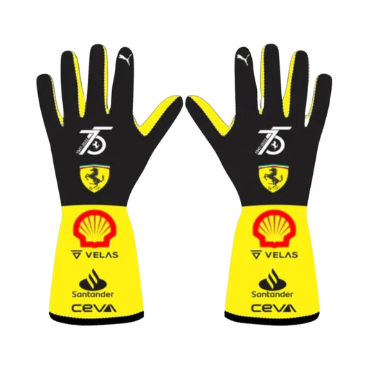 Black 2022 Ferrari 75th Race Gloves Replica F1 laid flat, front view, showing the full racing design and replica stitching