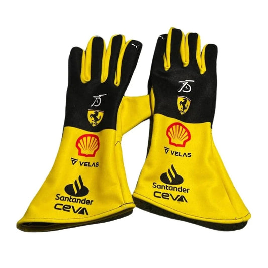 Pair of black and yellow 2022 Ferrari 75th Race Gloves Replica F1 with various logos on a white background