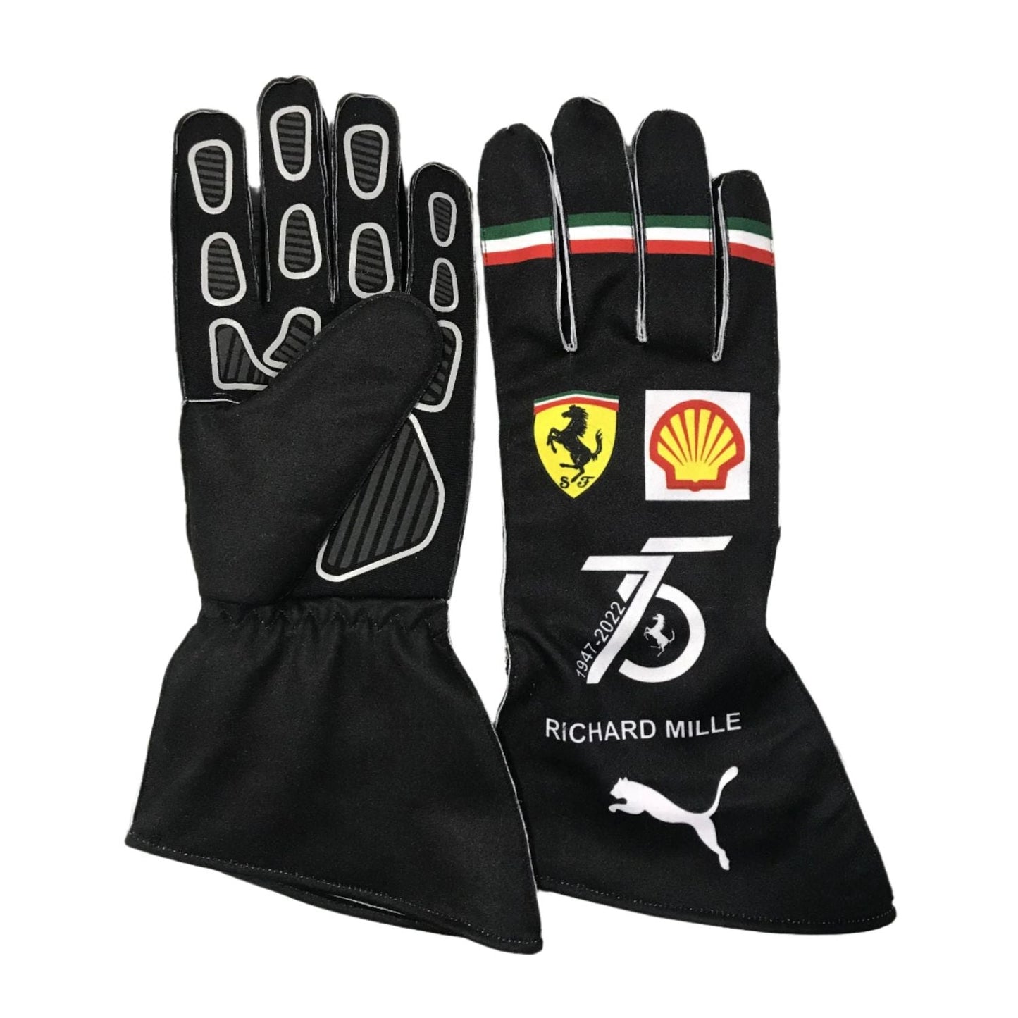 Black Charles Leclerc 2022 Ferrari F1 Replica Race Gloves laid flat, front view, showing the full racing design and replica stitching