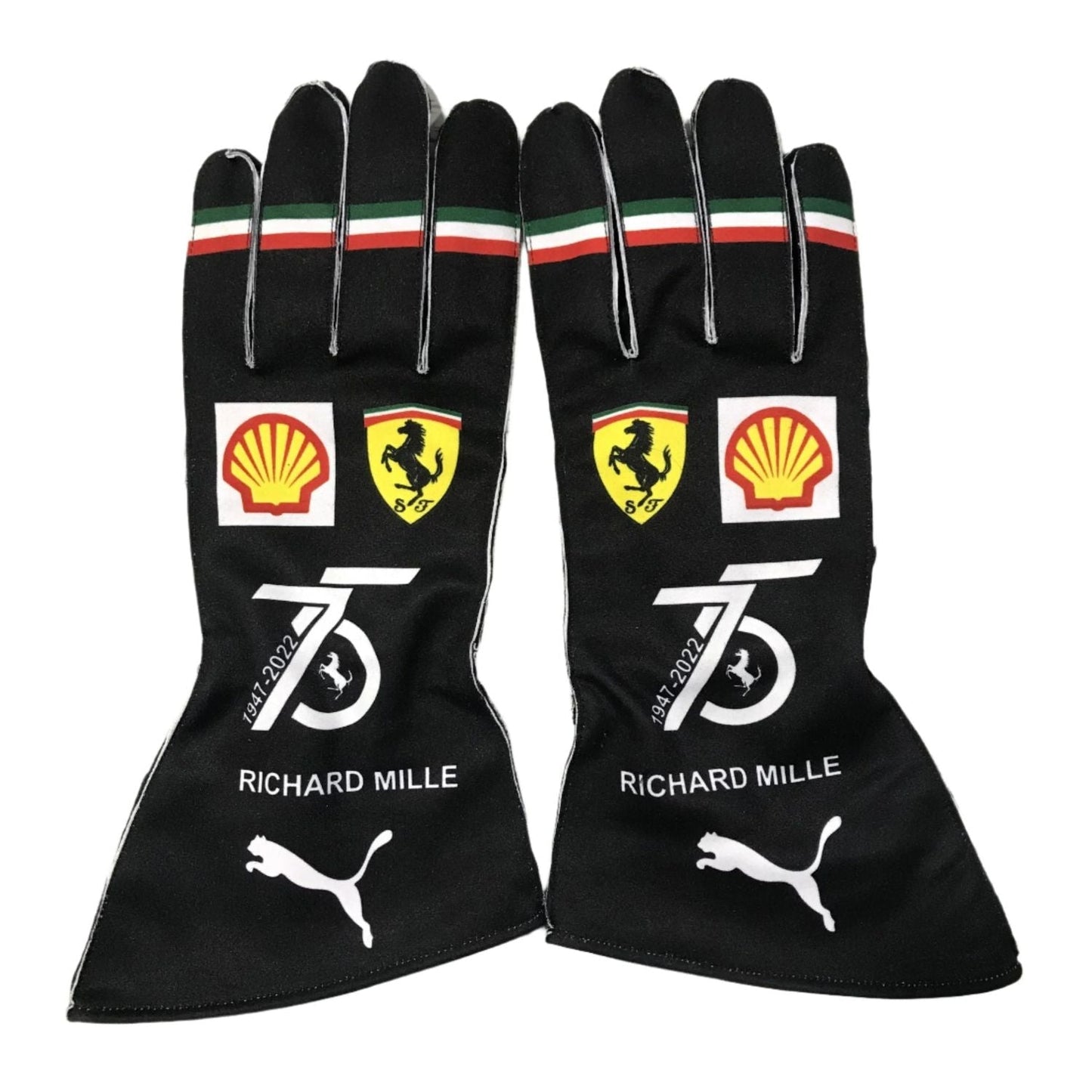 Black Charles Leclerc 2022 Ferrari F1 Replica Race Gloves shown side-on, highlighting the wrist strap and grip texture for grand prix use