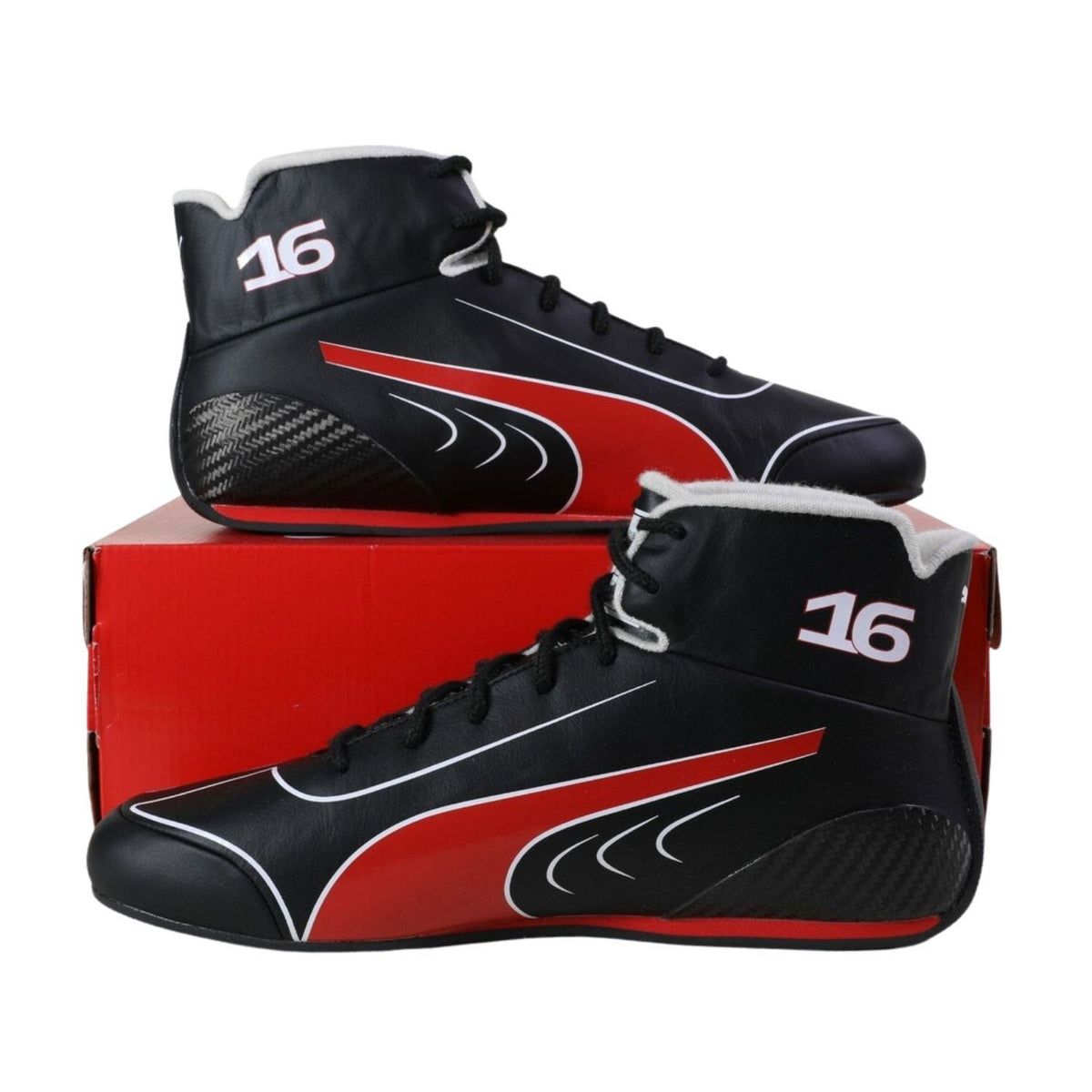 red and black racing shoes for Charles Leclerc supporters, with printed colour panels along the sides. Comfortable fan shoes for supporters, karters and collectors.