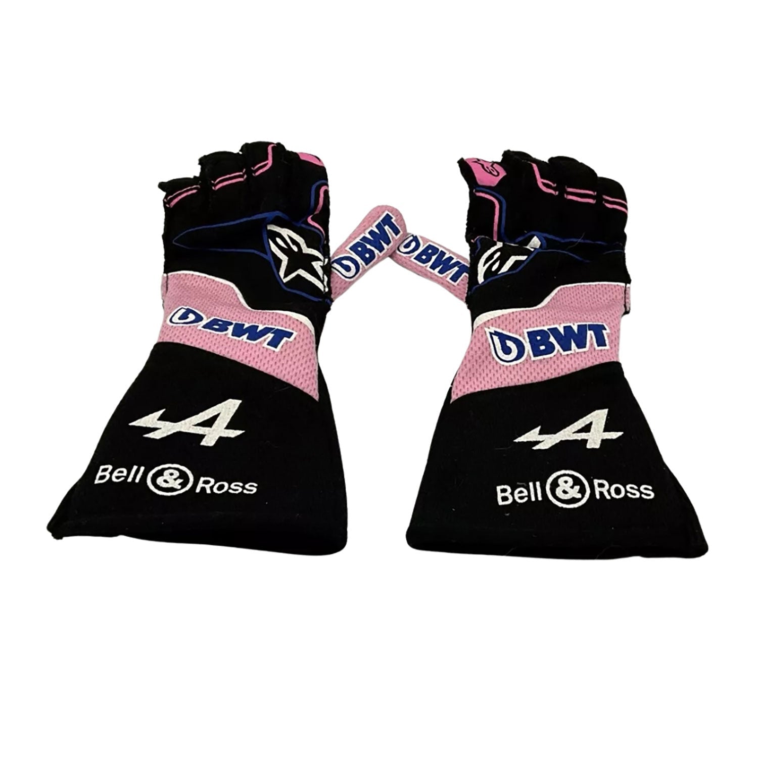 Black Fernando Alonso 2022 Alpine F1 Race Gloves laid flat, front view, showing the full racing design and replica stitching