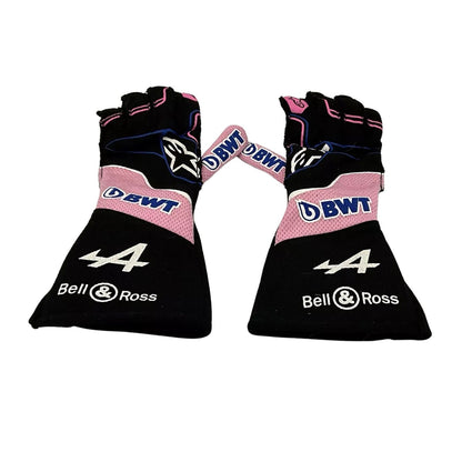 Black Fernando Alonso 2022 Alpine F1 Race Gloves laid flat, front view, showing the full racing design and replica stitching