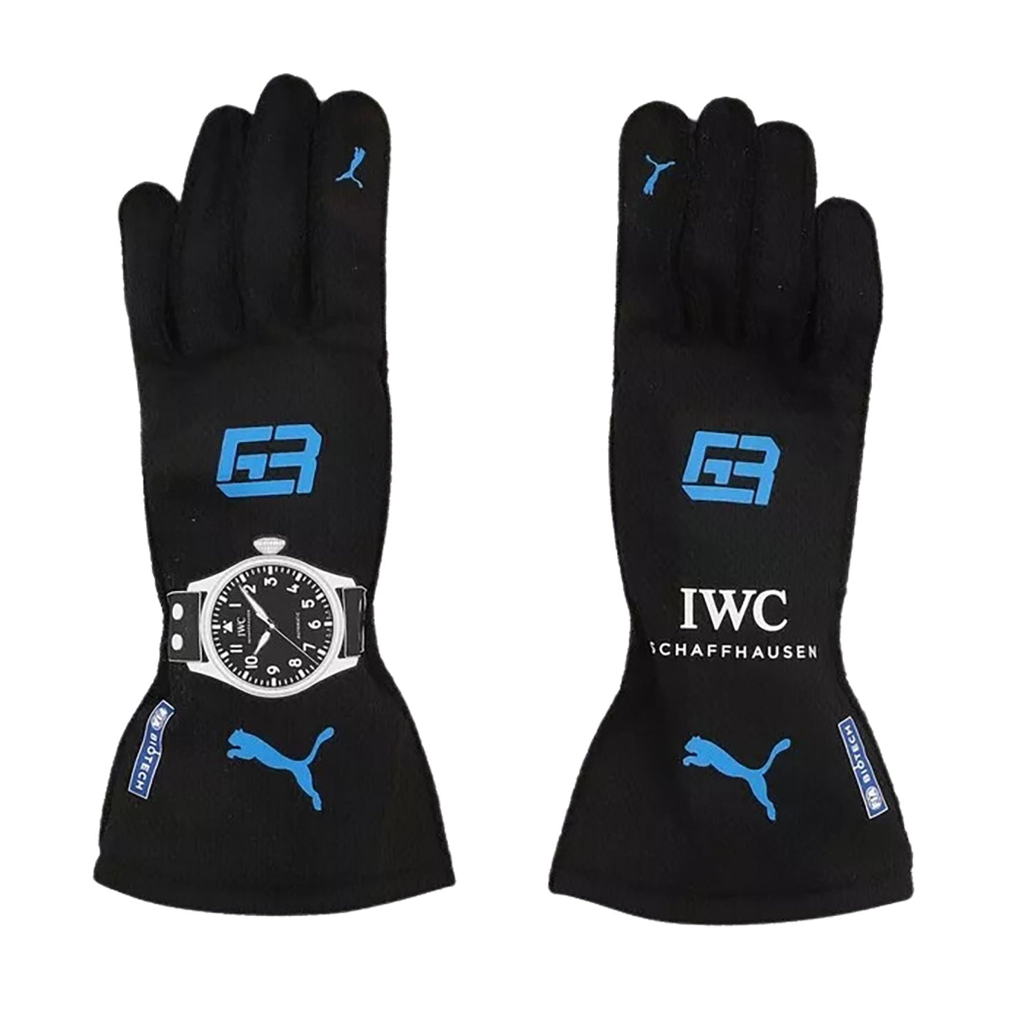 Black George Russell 2022 Mercedes F1 Race Gloves laid flat, front view, showing the full racing design and replica stitching