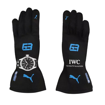 Black George Russell 2022 Mercedes F1 Race Gloves laid flat, front view, showing the full racing design and replica stitching