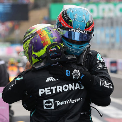 Black George Russell 2022 Mercedes F1 Race Gloves in close-up detail, showing the palm grip pattern used in GP racing conditions