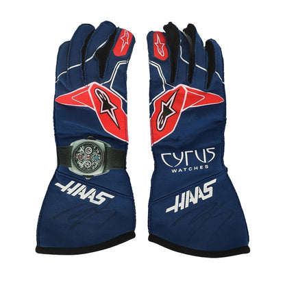 Blue Kevin Magnussen 2022 Haas F1 Race Gloves Replica laid flat, front view, showing the full racing design and replica stitching