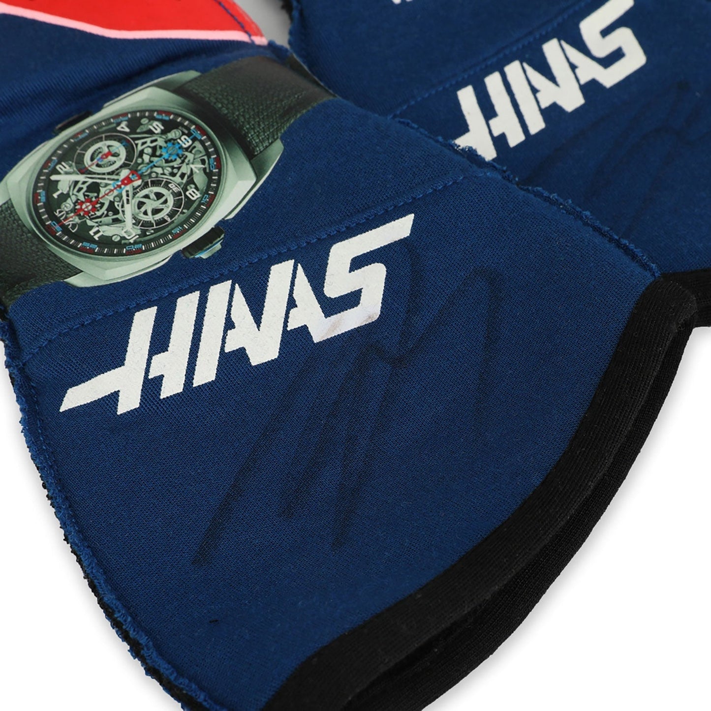 Blue Kevin Magnussen 2022 Haas F1 Race Gloves Replica shown side-on, highlighting the wrist strap and grip texture for grand prix use