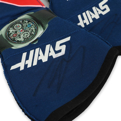 Blue Kevin Magnussen 2022 Haas F1 Race Gloves Replica shown side-on, highlighting the wrist strap and grip texture for grand prix use