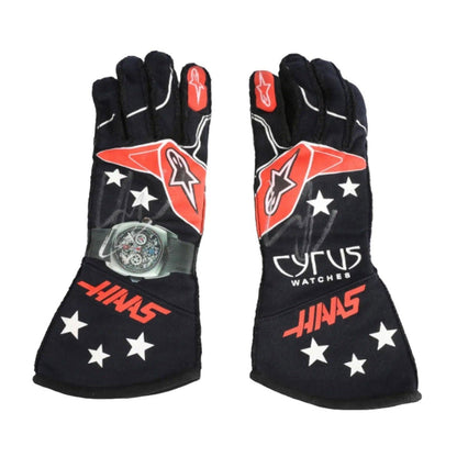 Black Kevin Magnussen 2022 Haas F1 Race Gloves laid flat, front view, showing the full racing design and replica stitching