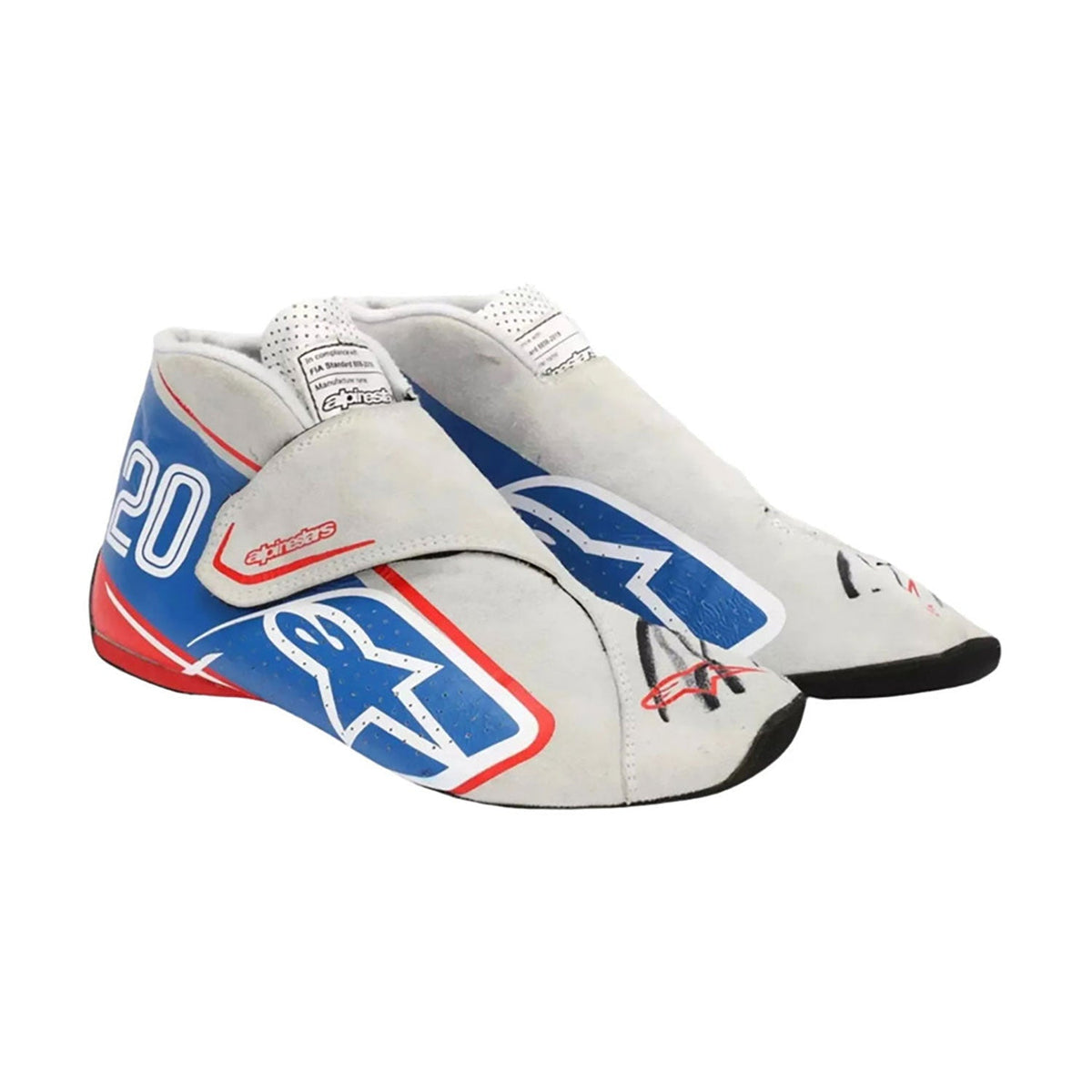 2022 Italian GP Kevin Magnussen Racing Shoes in blue and white, showing the heel detail and soft lining. Race day attire footwear that matches any racing jumpsuit.