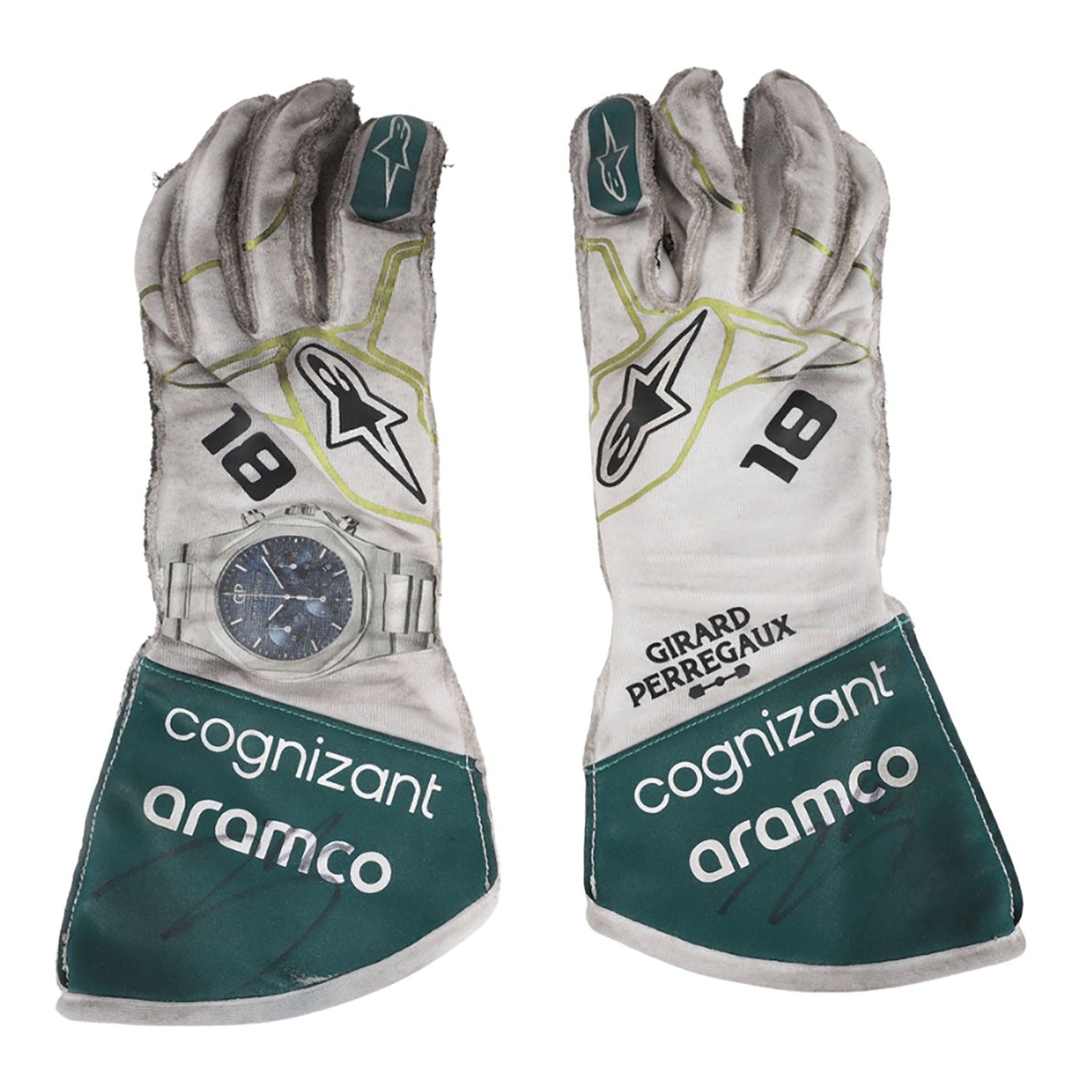 White Lance Stroll 2022 Aston Martin Dutch GP F1 Race Gloves Replica laid flat, front view, showing the full racing design and replica stitching