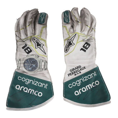 White Lance Stroll 2022 Aston Martin Dutch GP F1 Race Gloves Replica laid flat, front view, showing the full racing design and replica stitching