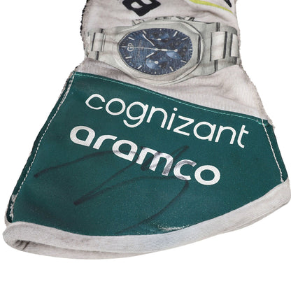 White Lance Stroll 2022 Aston Martin Dutch GP F1 Race Gloves Replica shown side-on, highlighting the wrist strap and grip texture for grand prix use