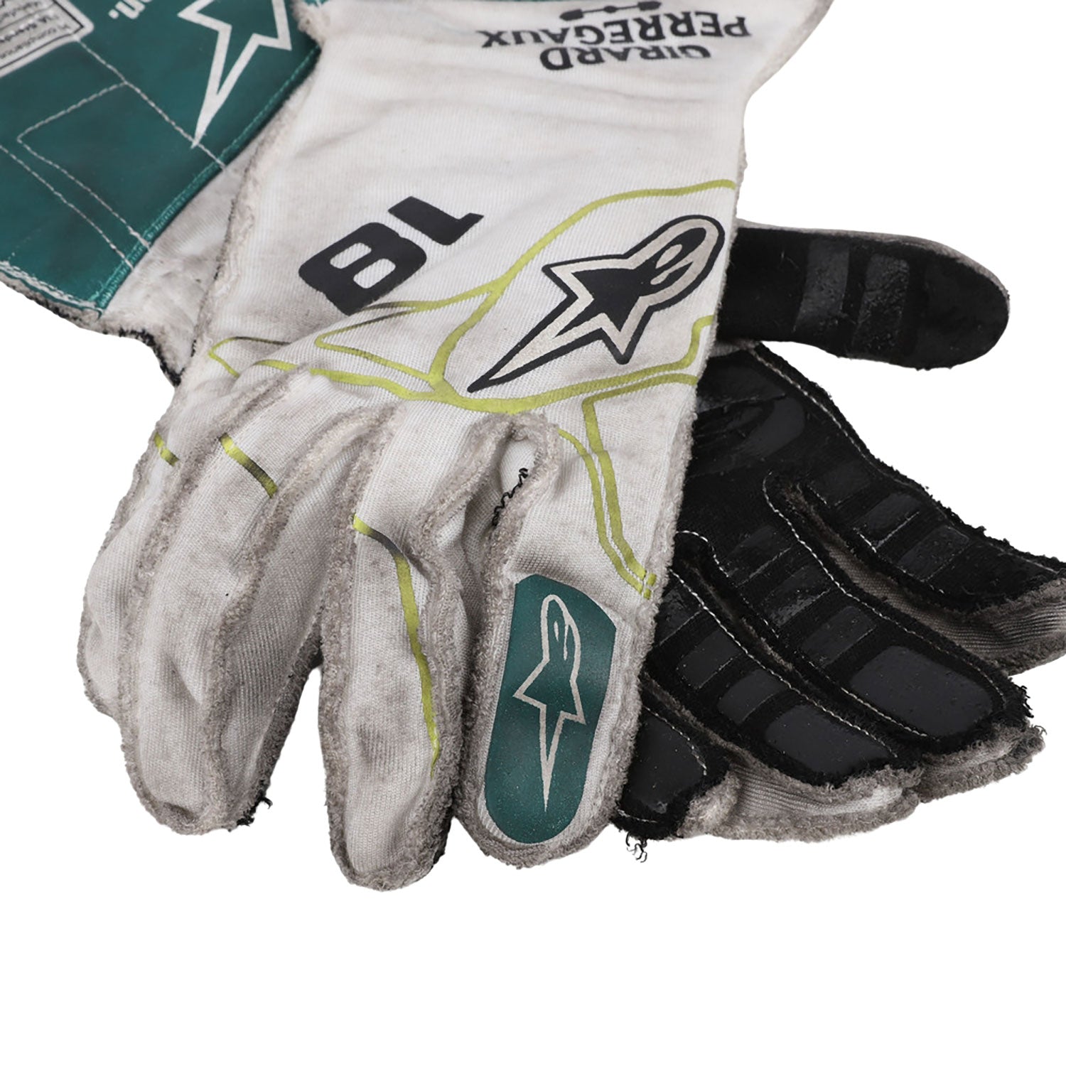 White Lance Stroll 2022 Aston Martin Dutch GP F1 Race Gloves Replica in close-up detail, showing the palm grip pattern used in GP racing conditions