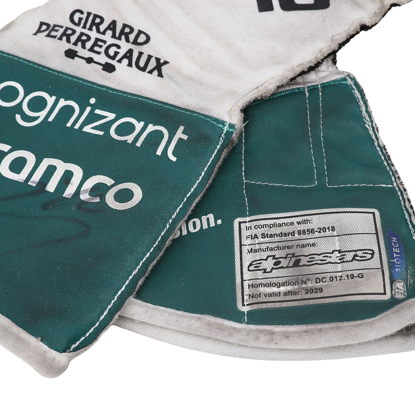 White Lance Stroll 2022 Aston Martin Dutch GP F1 Race Gloves Replica laid flat, front view, showing the full racing design and replica stitching