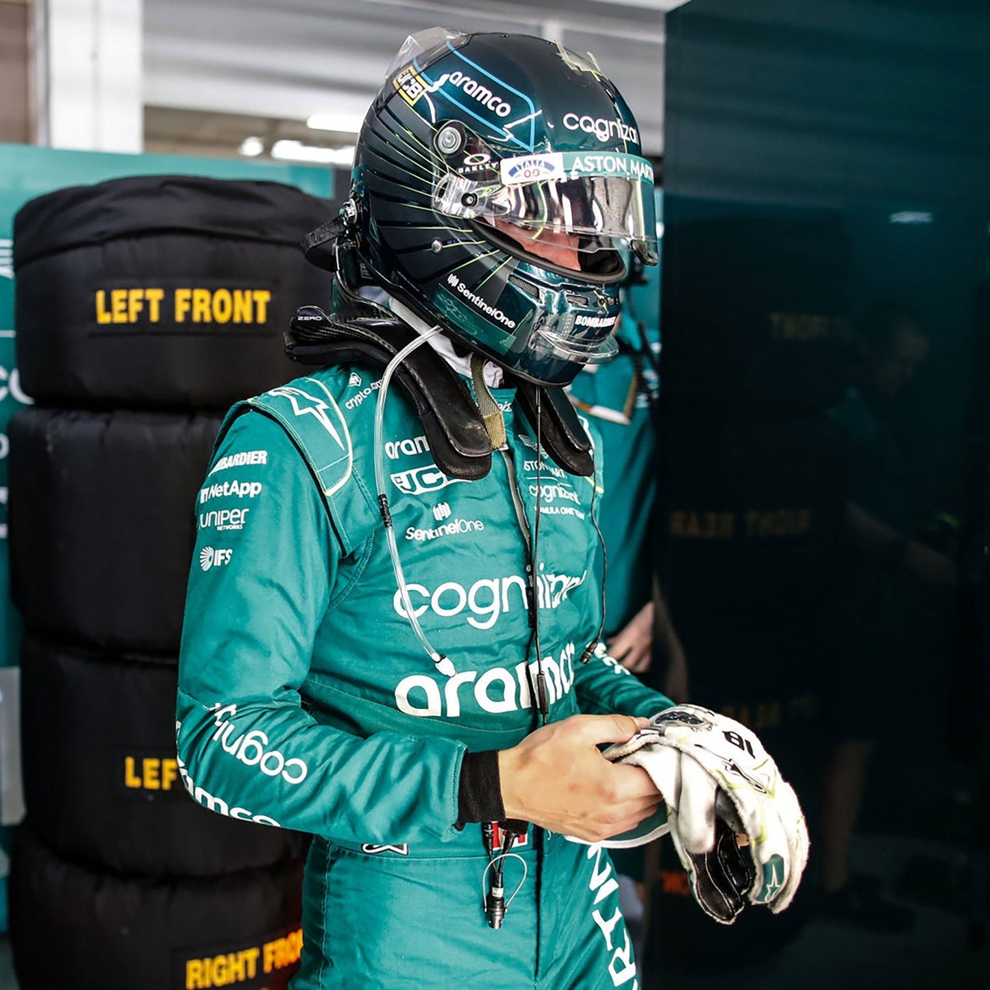 White Lance Stroll 2022 Aston Martin Dutch GP F1 Race Gloves Replica shown side-on, highlighting the wrist strap and grip texture for grand prix use