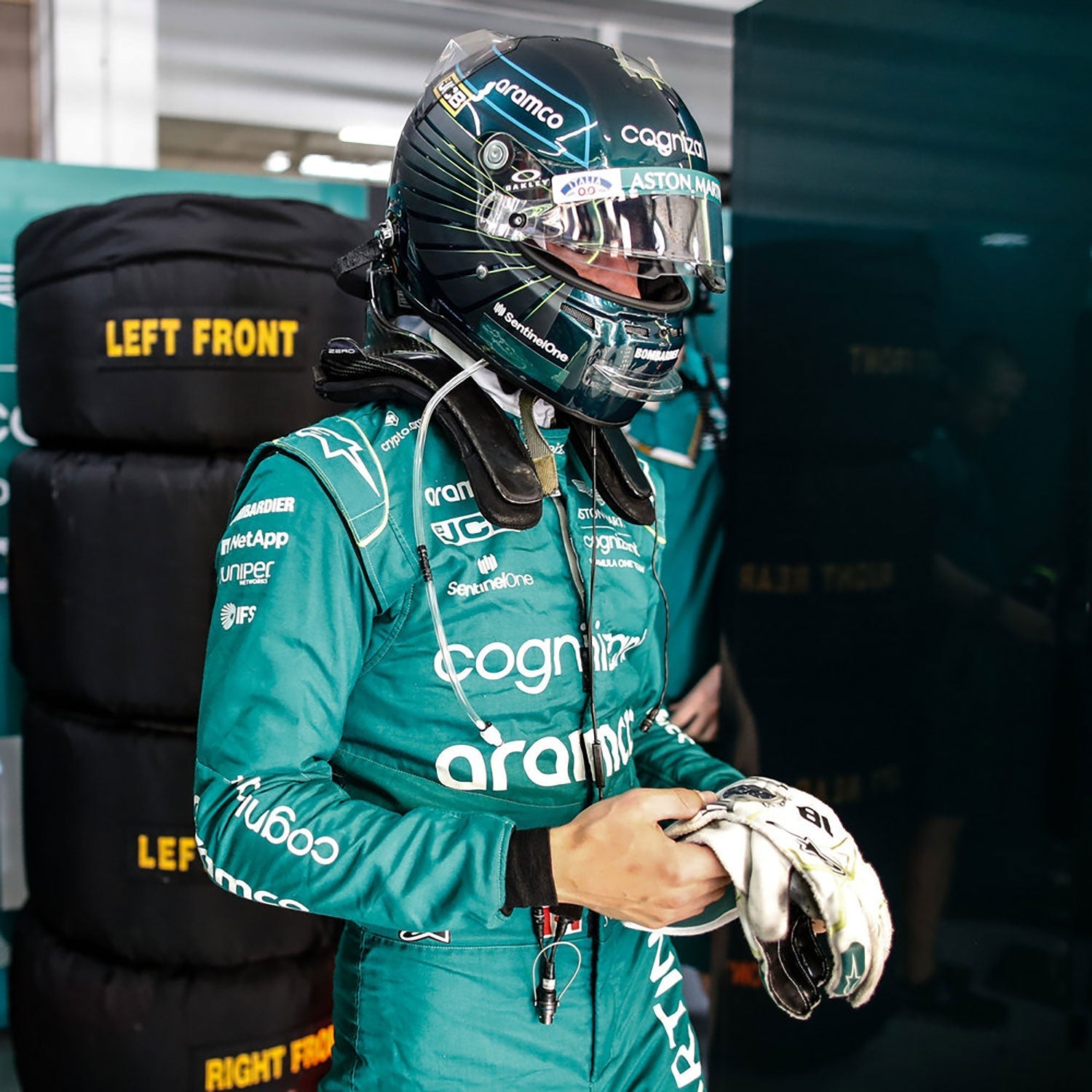 White Lance Stroll 2022 Aston Martin Dutch GP F1 Race Gloves Replica shown side-on, highlighting the wrist strap and grip texture for grand prix use