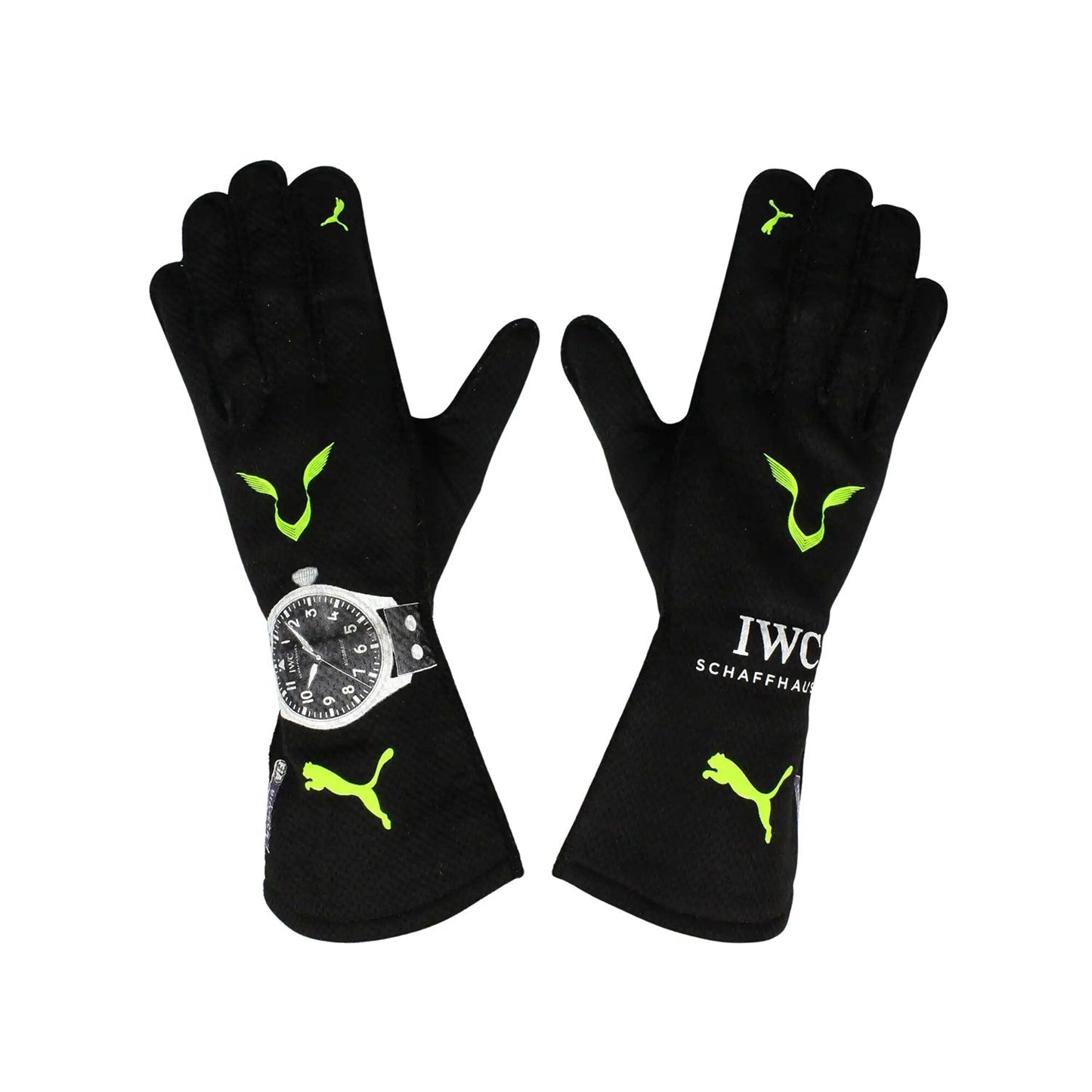 Black Lewis Hamilton 2022 Mercedes F1 Replica Race Gloves laid flat, front view, showing the full racing design and replica stitching