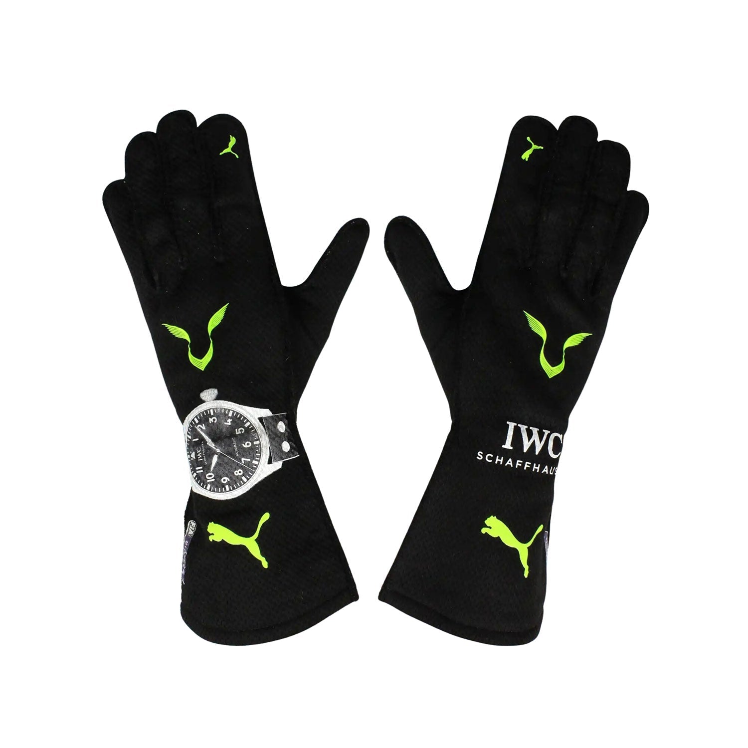 Black Lewis Hamilton 2022 Mercedes F1 Replica Race Gloves laid flat, front view, showing the full racing design and replica stitching
