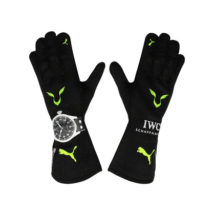 Black Lewis Hamilton 2022 Mercedes F1 Replica Race Gloves laid flat, front view, showing the full racing design and replica stitching