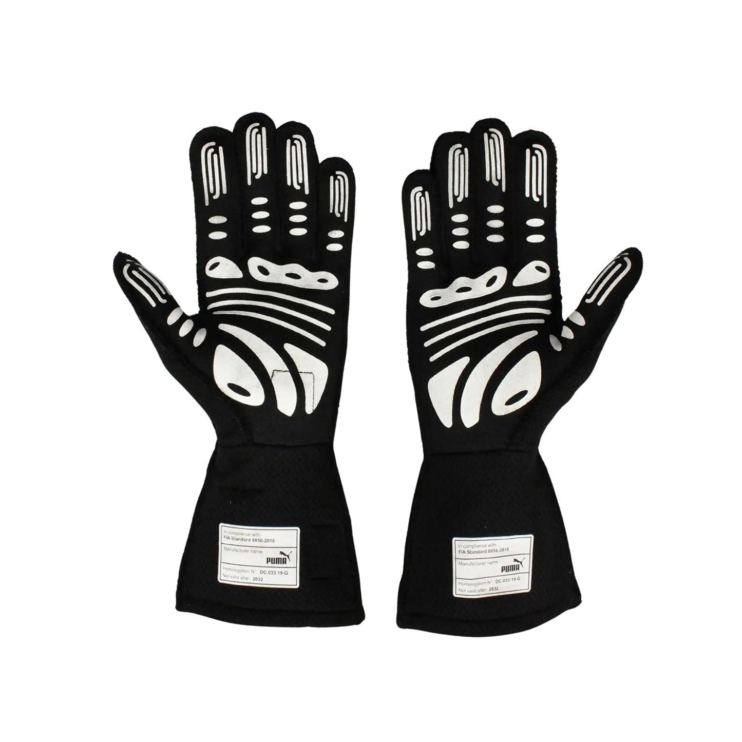 Black Lewis Hamilton 2022 Mercedes F1 Replica Race Gloves shown side-on, highlighting the wrist strap and grip texture for grand prix use