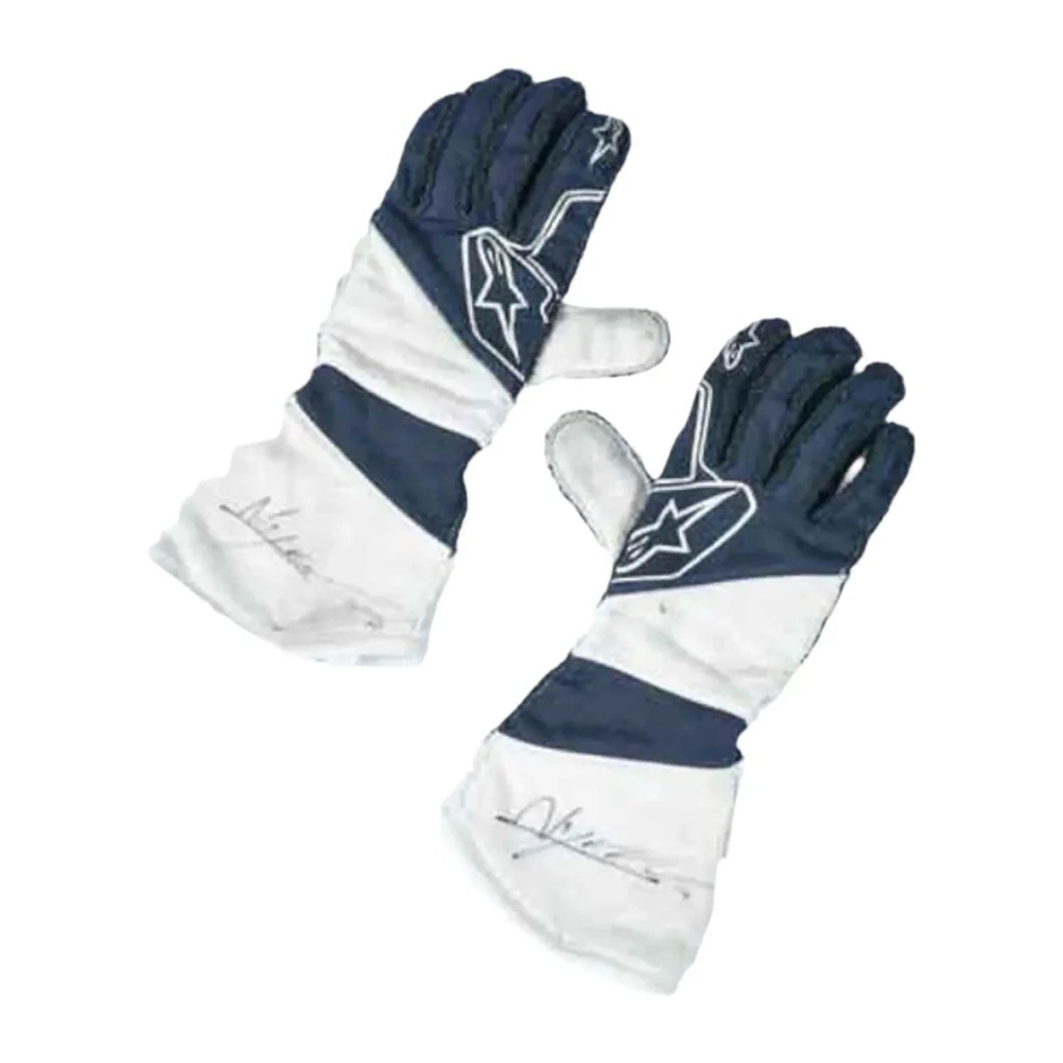White Nyck de Vries 2022 Williams F1 Race Gloves laid flat, front view, showing the full racing design and replica stitching
