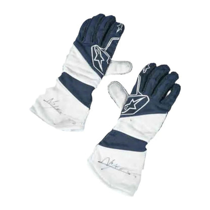 White Nyck de Vries 2022 Williams F1 Race Gloves laid flat, front view, showing the full racing design and replica stitching