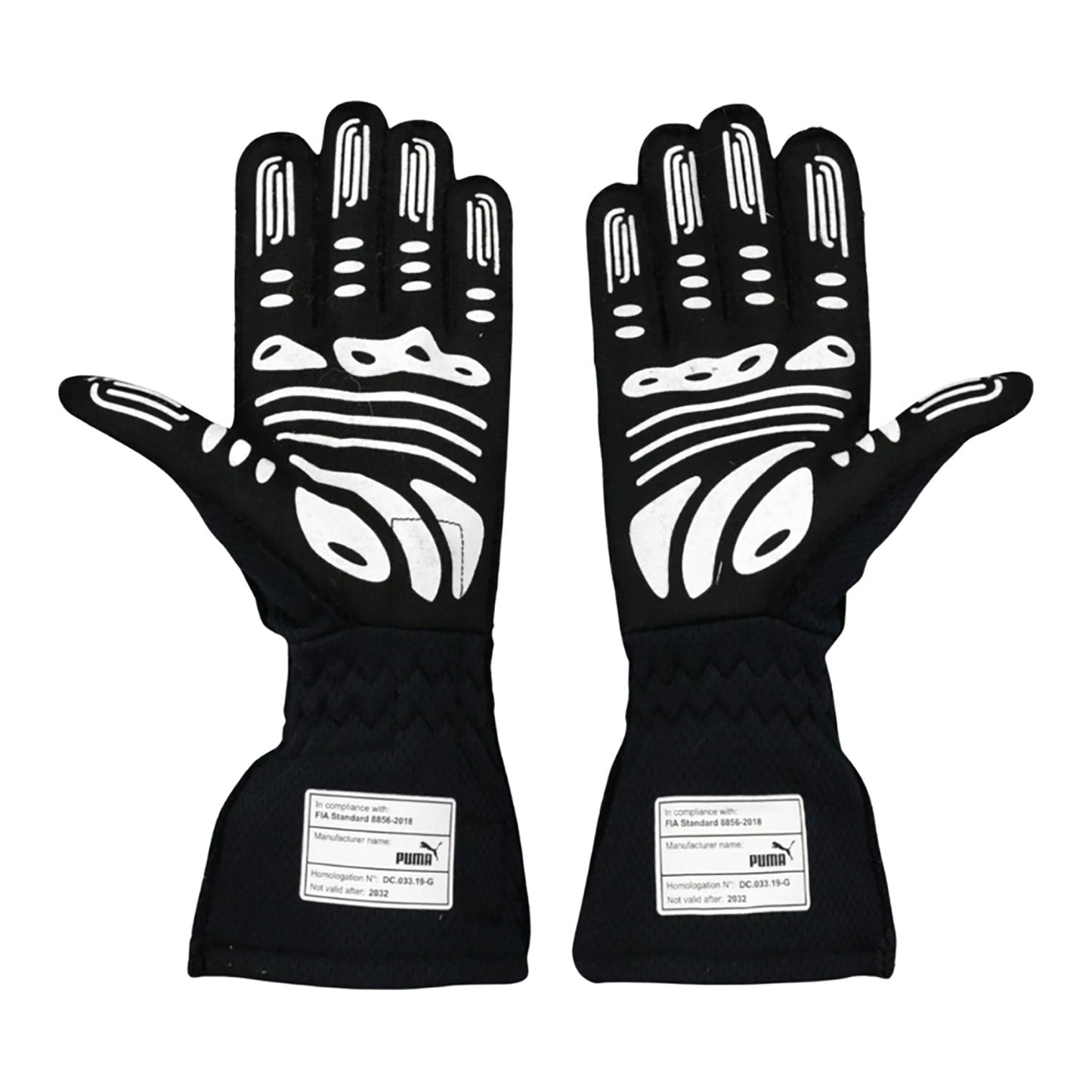 Black Sergio Perez 2022 Red Bull F1 Replica Race Gloves laid flat, front view, showing the full racing design and replica stitching