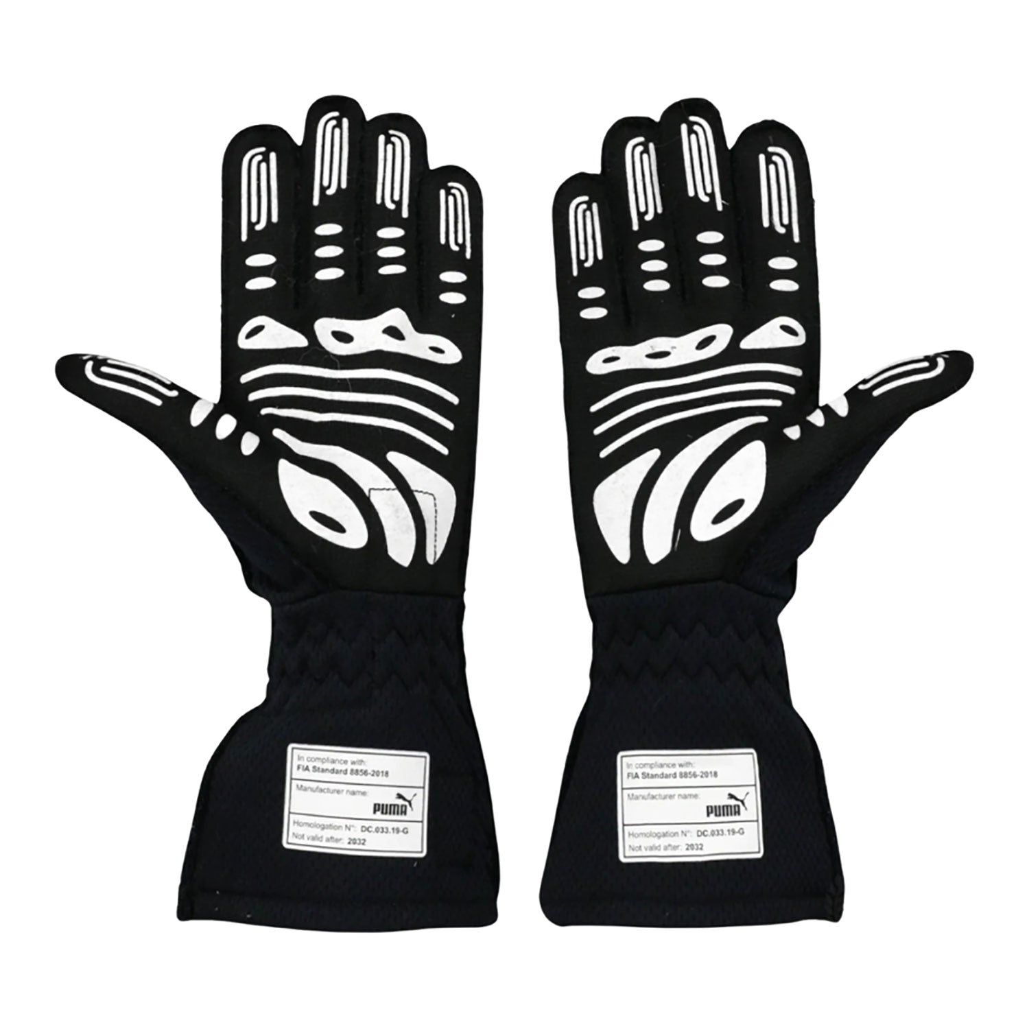 Black Sergio Perez 2022 Red Bull F1 Replica Race Gloves laid flat, front view, showing the full racing design and replica stitching
