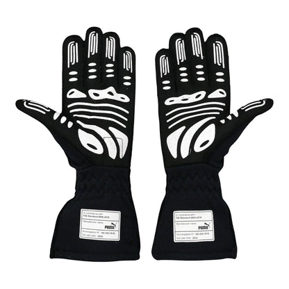 Black Sergio Perez 2022 Red Bull F1 Replica Race Gloves laid flat, front view, showing the full racing design and replica stitching