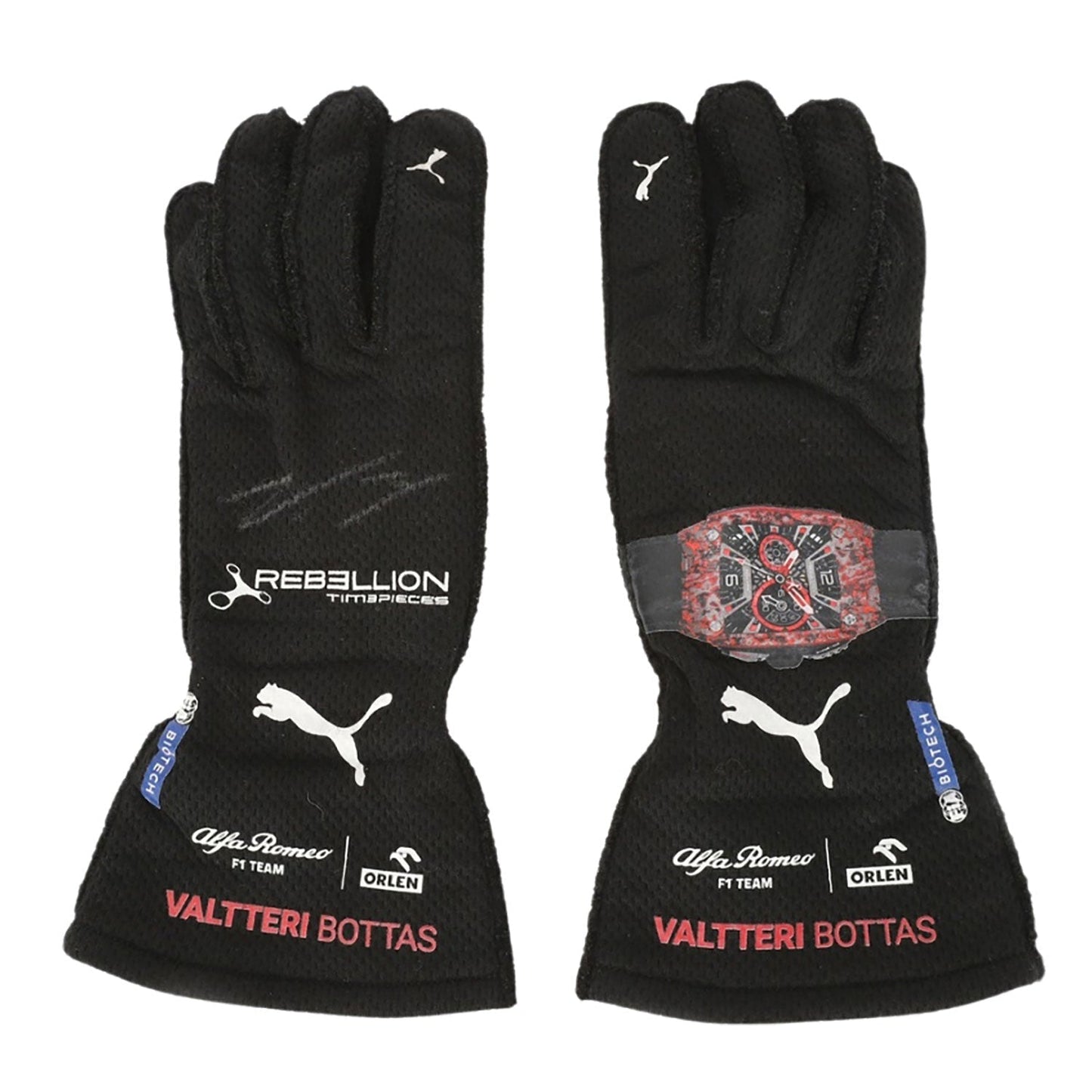 Black Valtteri Bottas 2022 Mercedes British GP F1 Race Gloves laid flat, front view, showing the full racing design and replica stitching