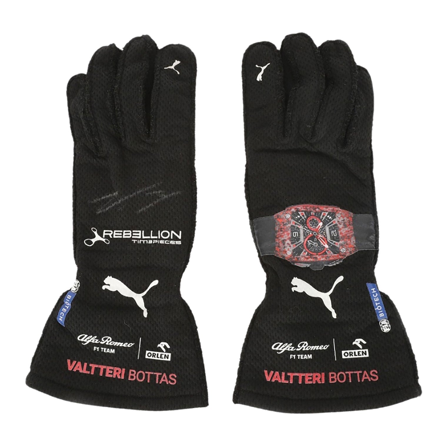 Black Valtteri Bottas 2022 Mercedes British GP F1 Race Gloves laid flat, front view, showing the full racing design and replica stitching