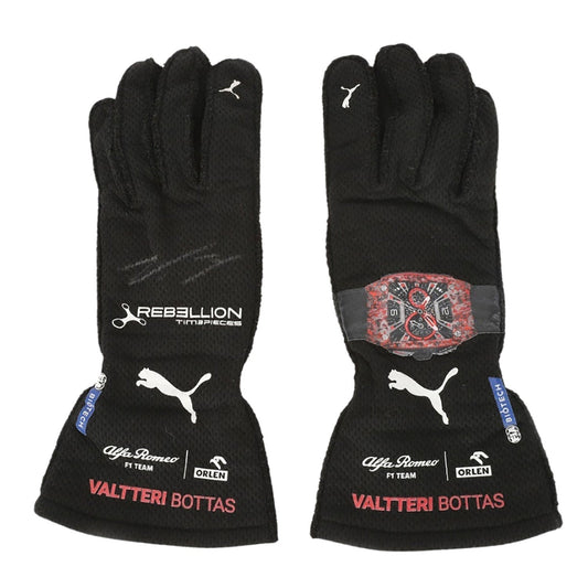 Black Valtteri Bottas 2022 Mercedes British GP F1 Race Gloves laid flat, front view, showing the full racing design and replica stitching