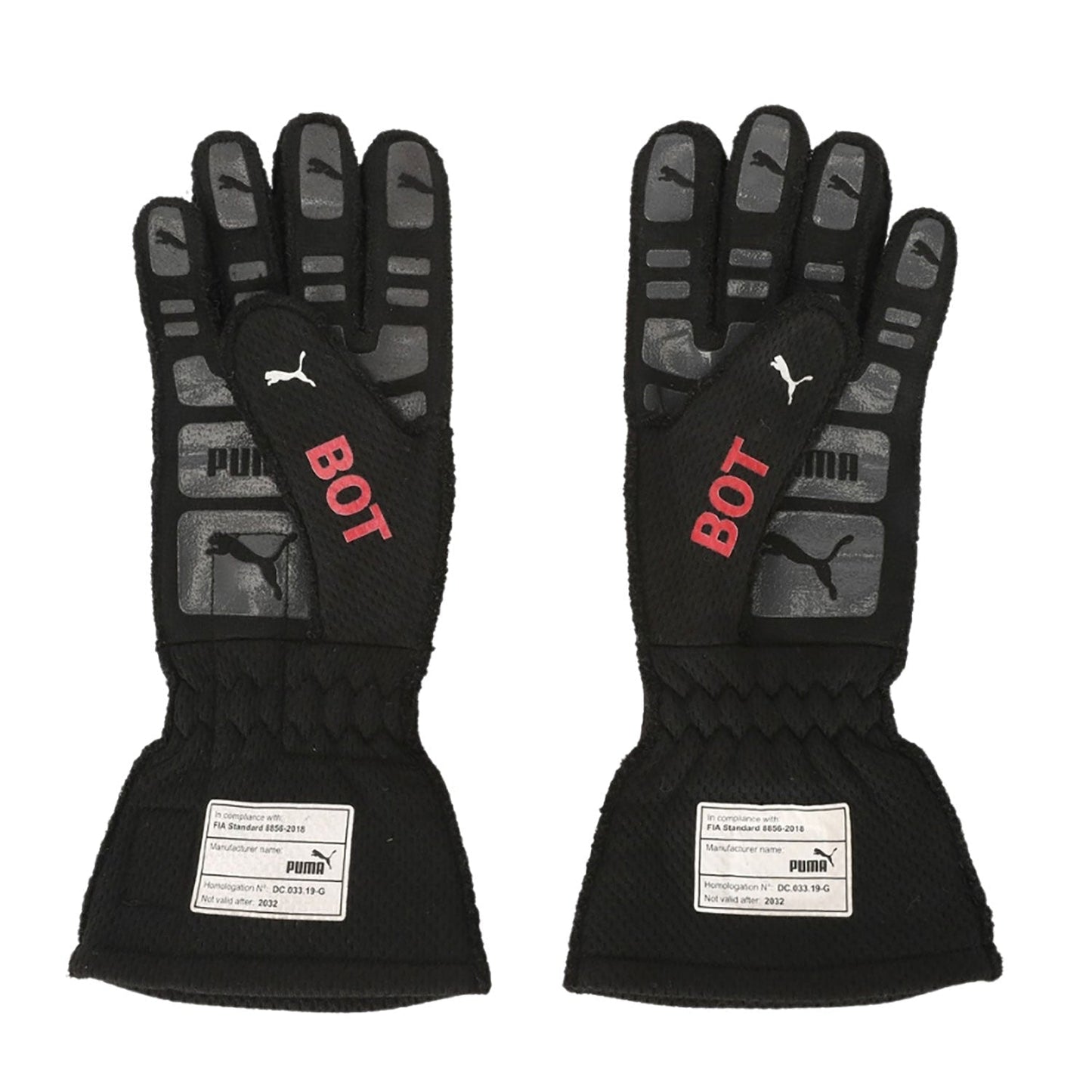 Black Valtteri Bottas 2022 Mercedes British GP F1 Race Gloves shown side-on, highlighting the wrist strap and grip texture for grand prix use