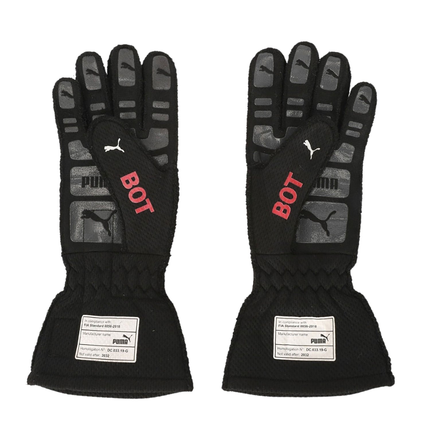 Black Valtteri Bottas 2022 Mercedes British GP F1 Race Gloves shown side-on, highlighting the wrist strap and grip texture for grand prix use