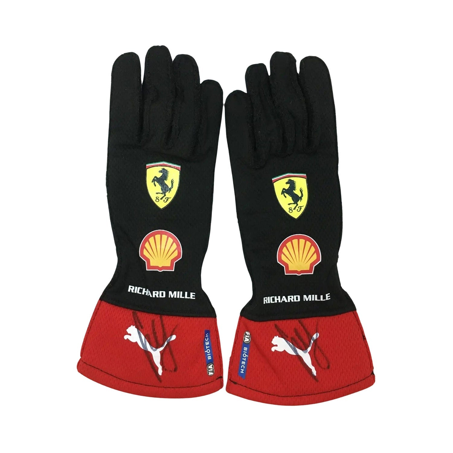 Black Carlos Sainz Jr 2023 Ferrari F1 Race Gloves Replica laid flat, front view, showing the full racing design and replica stitching