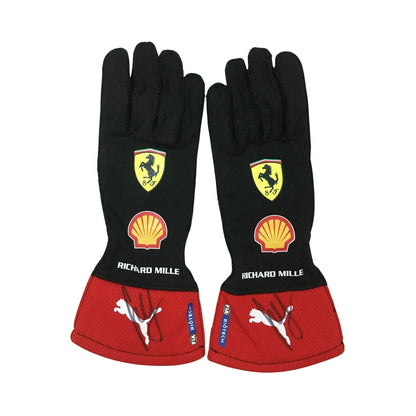 Black Carlos Sainz Jr 2023 Ferrari F1 Race Gloves Replica laid flat, front view, showing the full racing design and replica stitching