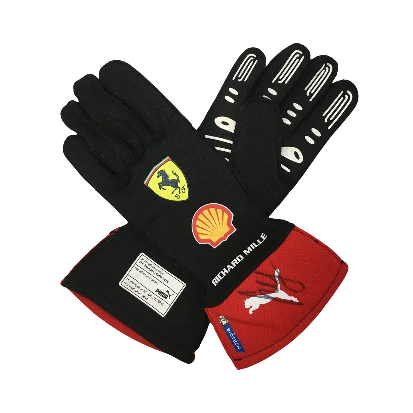 Black Carlos Sainz Jr 2023 Ferrari F1 Race Gloves Replica in close-up detail, showing the palm grip pattern used in GP racing conditions