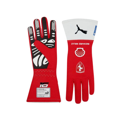 Red Charles Leclerc 2023 Ferrari Las Vegas GP F1 Race Gloves Replica laid flat, front view, showing the full racing design and replica stitching