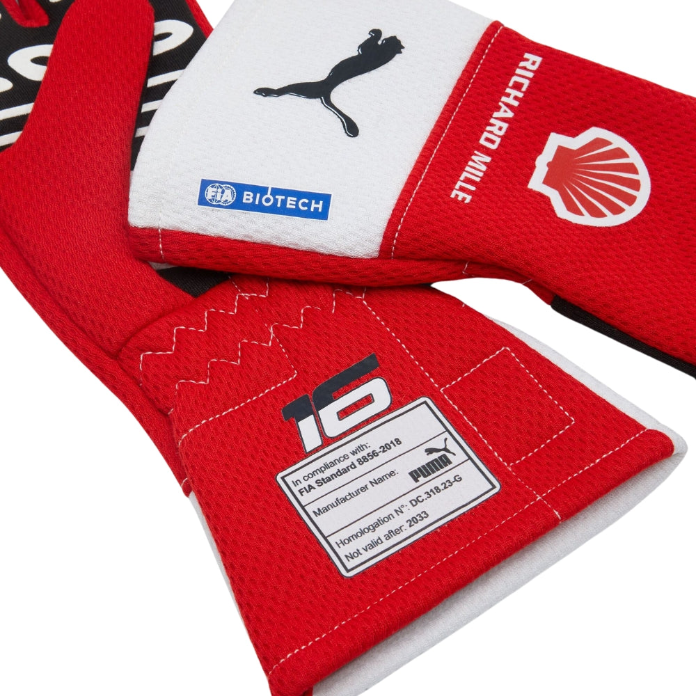 Red Charles Leclerc 2023 Ferrari Las Vegas GP F1 Race Gloves Replica shown side-on, highlighting the wrist strap and grip texture for grand prix use