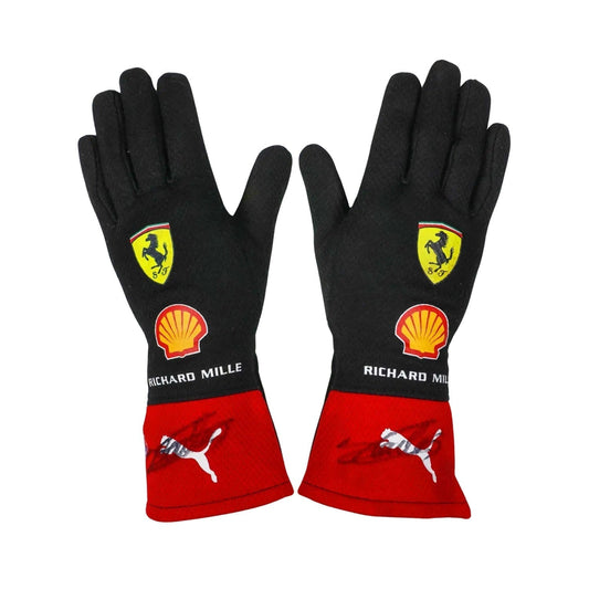 Red Charles Leclerc 2023 Ferrari F1 Replica Race Gloves laid flat, front view, showing the full racing design and replica stitching