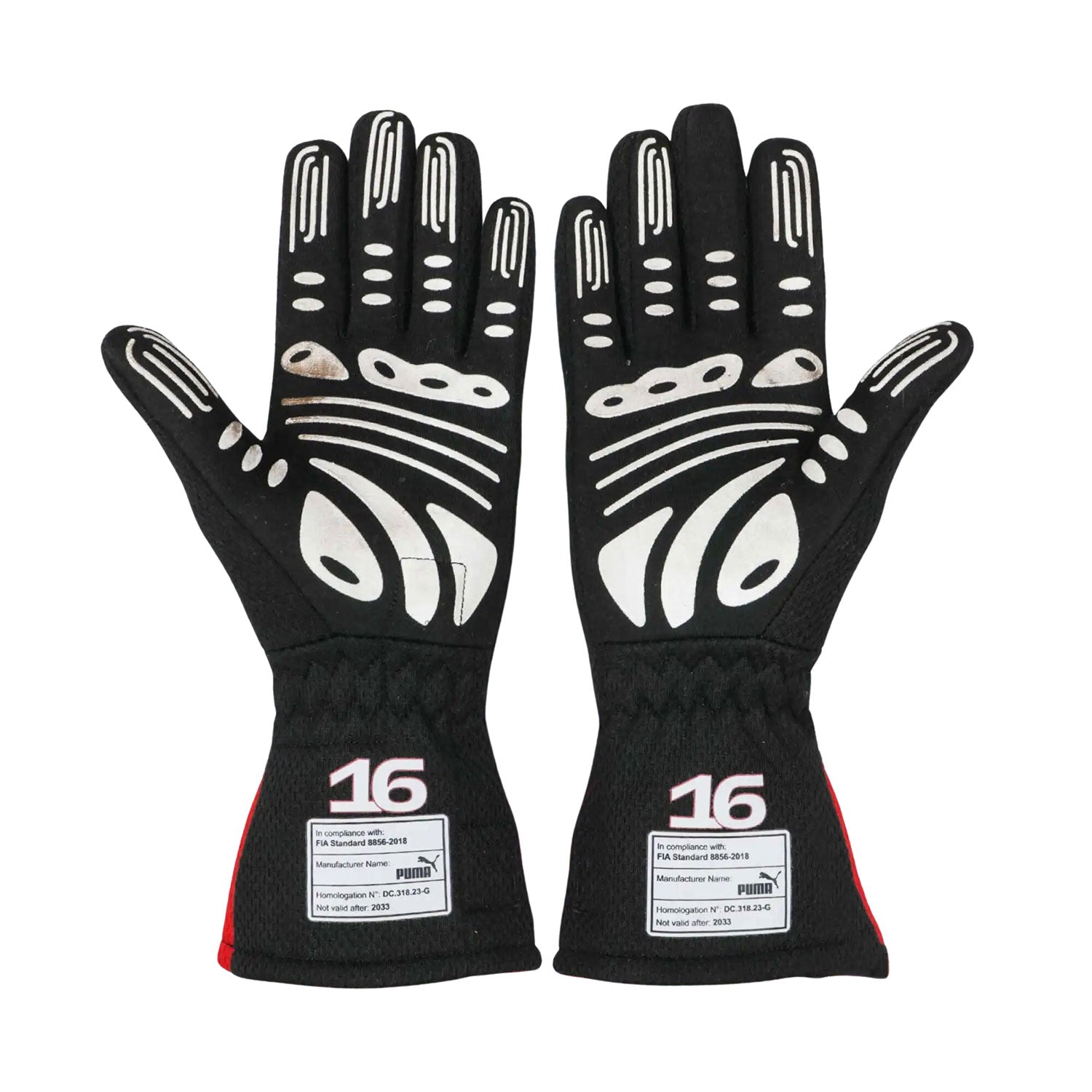 Red Charles Leclerc 2023 Ferrari F1 Replica Race Gloves shown side-on, highlighting the wrist strap and grip texture for grand prix use