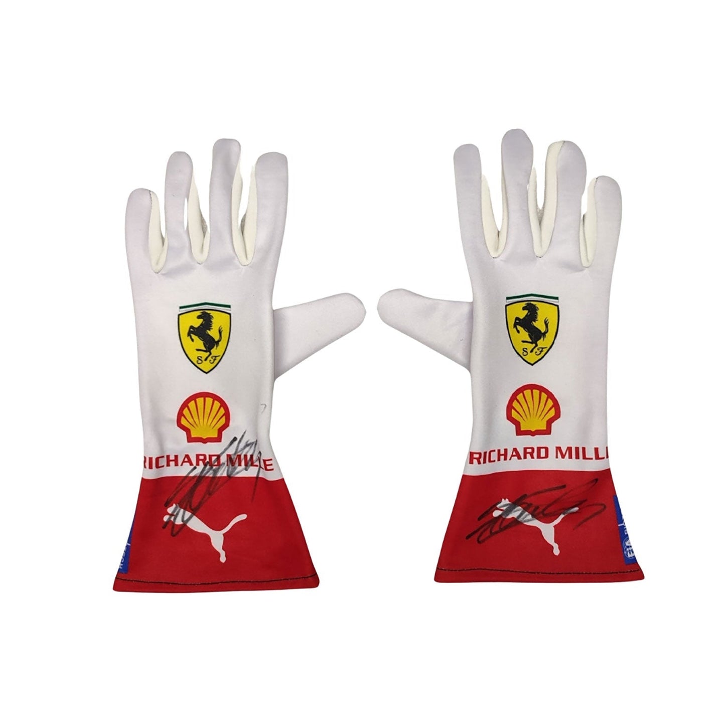 Red Charles Leclerc 2023 Ferrari Monaco GP F1 Race Gloves laid flat, front view, showing the full racing design and replica stitching