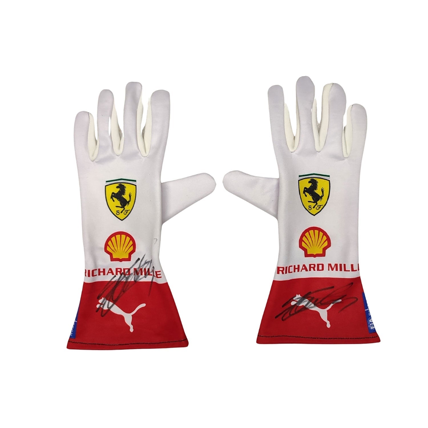 Red Charles Leclerc 2023 Ferrari Monaco GP F1 Race Gloves laid flat, front view, showing the full racing design and replica stitching